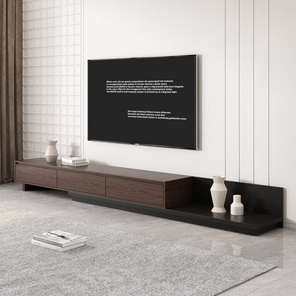 Modern Dark Walnut & Black Minimalist Retractable TV Stand Extendable Media Console with 3 Retracted Drawers  Up to 120"