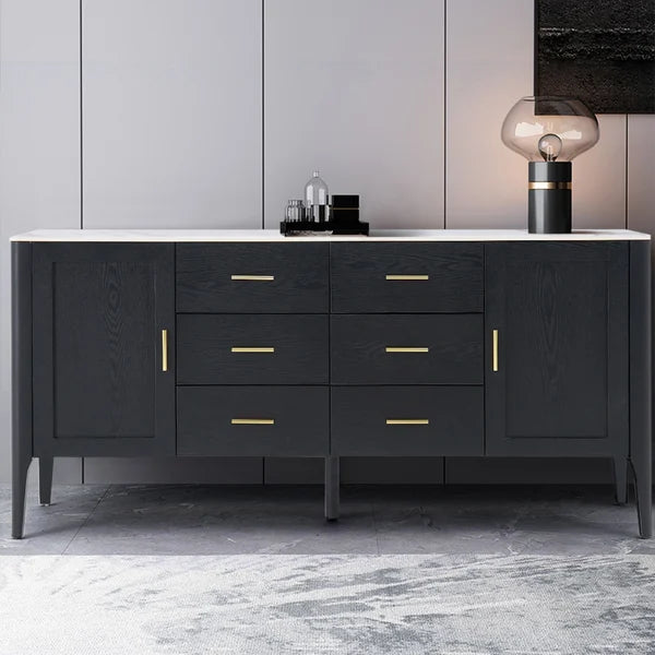 Modern Black Sideboard Buffet Sintered Stone Top Drawers&2 Doors Kitchen Cabinet