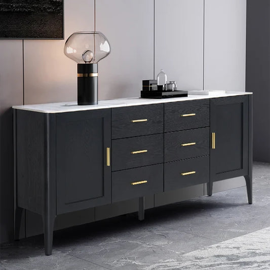 Modern Black Sideboard Buffet Sintered Stone Top Drawers&2 Doors Kitchen Cabinet