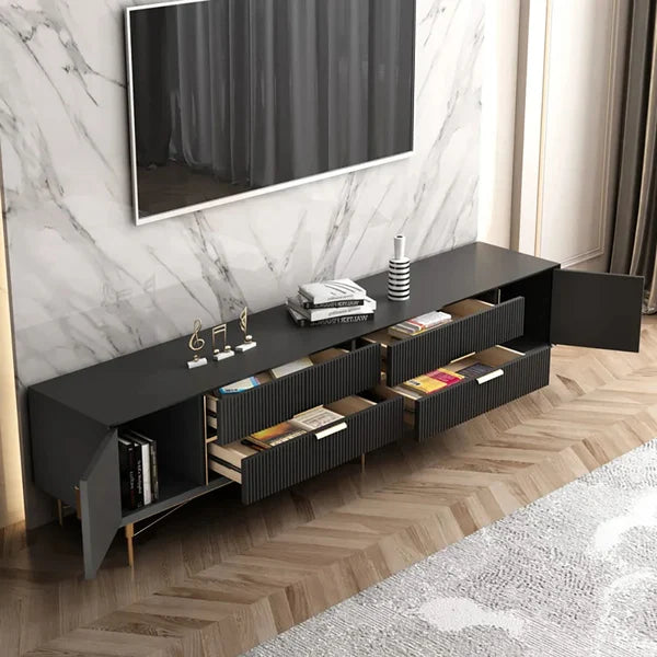 Modern Black TV Stand 4-Drawer 2-Door Media Console Gold Finish in Large