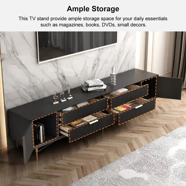 Modern Black TV Stand 4-Drawer 2-Door Media Console Gold Finish in Large