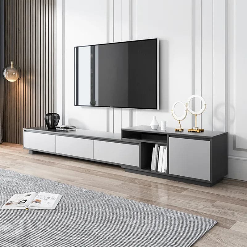 Modern Black Wood Retracted & Extendable TV Stand with 3-Drawer Up to 120"