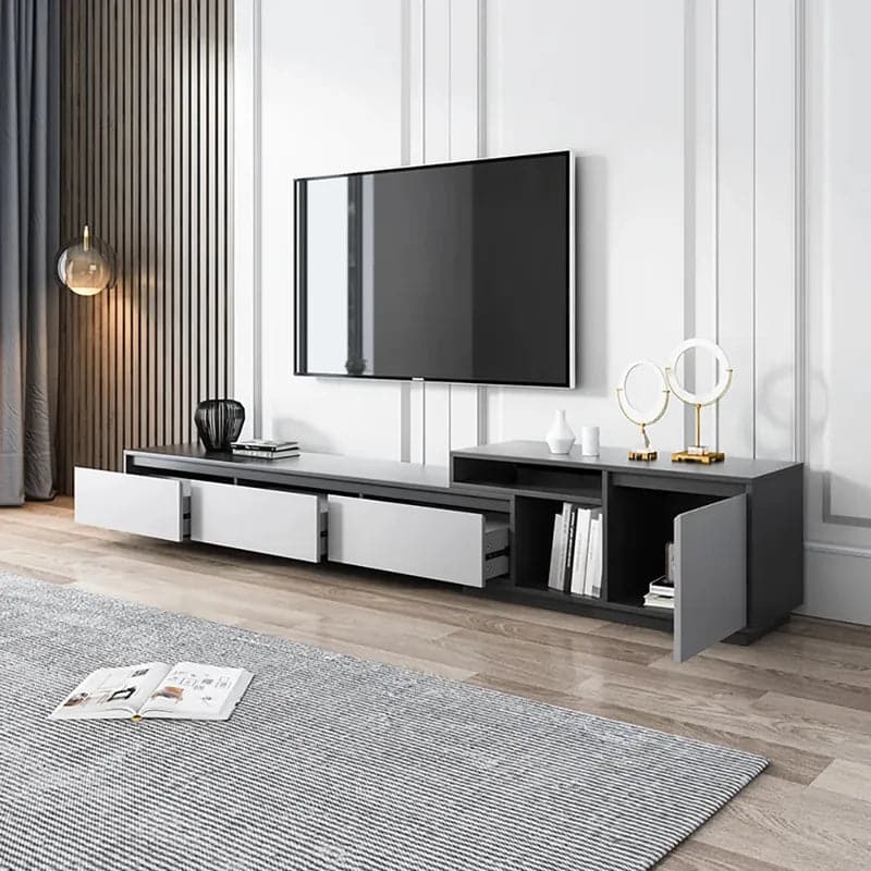 Modern Black Wood Retracted & Extendable TV Stand with 3-Drawer Up to 120"