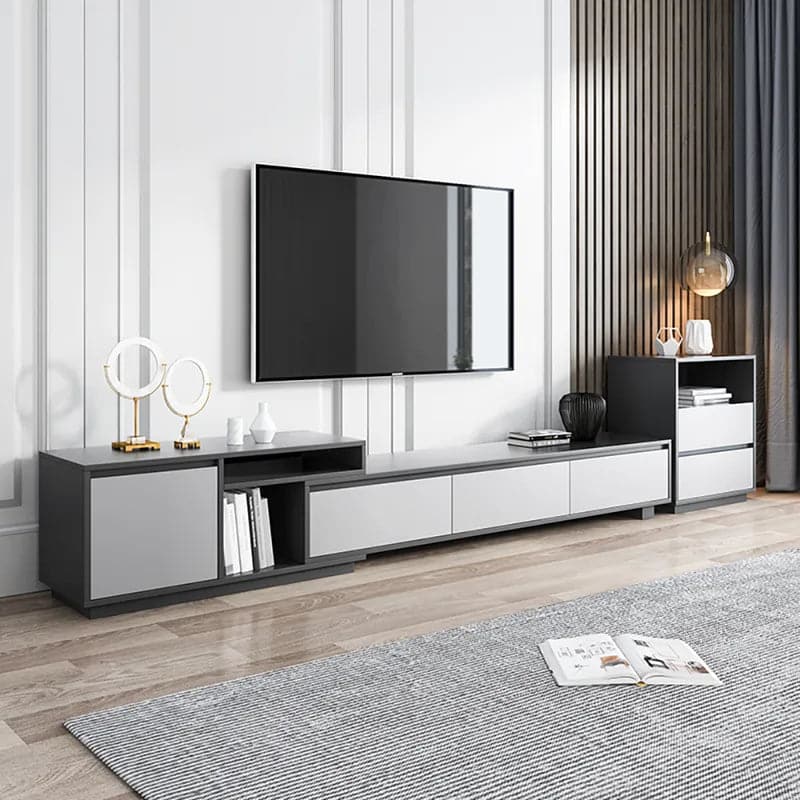 Modern Black Wood Retracted & Extendable TV Stand with 3-Drawer Up to 120"