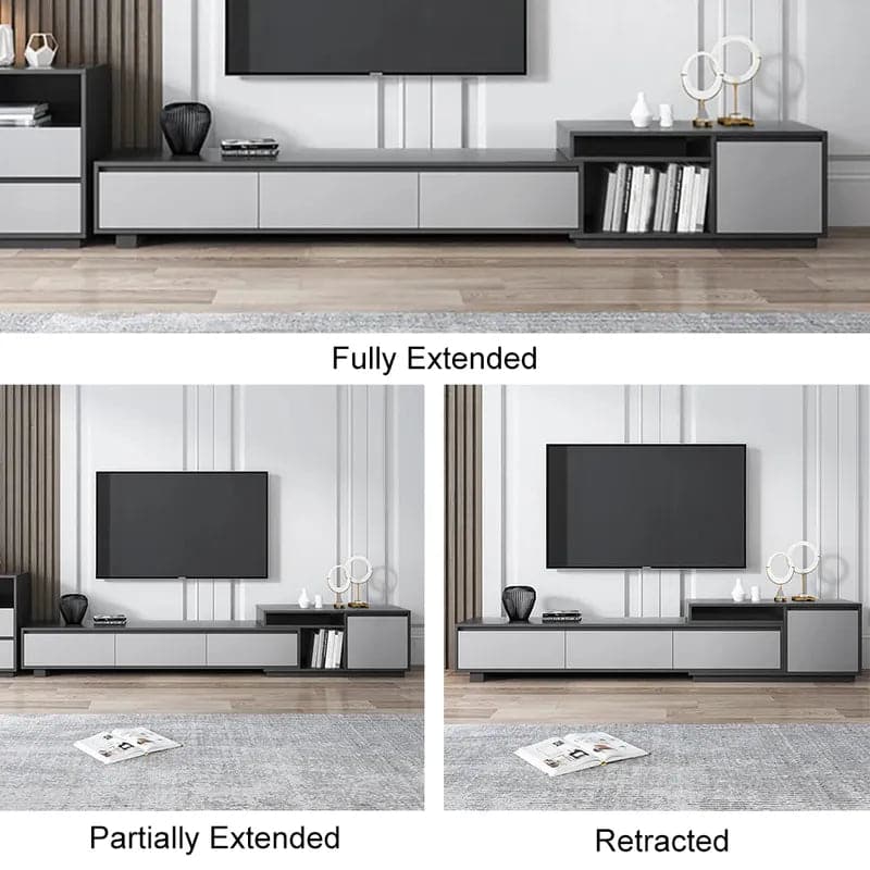 Modern Black Wood Retracted & Extendable TV Stand with 3-Drawer Up to 120"