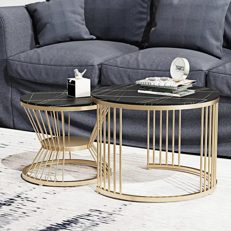 Modern Black & Gold Nesting Coffee Table Set with Sintered Stone Top 2-Piece Table