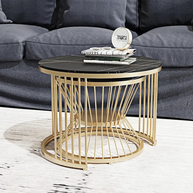 Modern Black & Gold Nesting Coffee Table Set with Sintered Stone Top 2-Piece Table