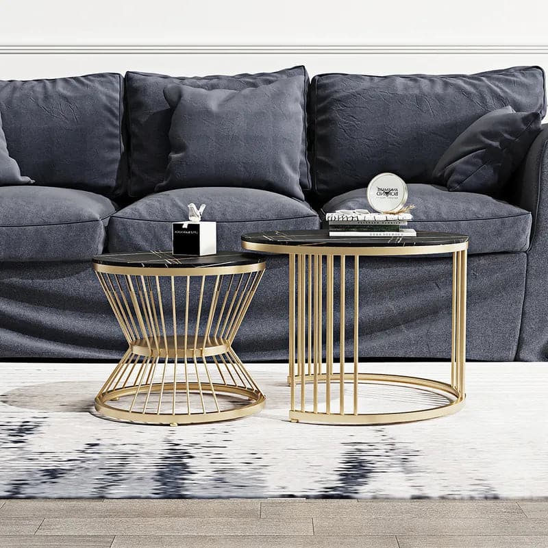 Modern Black & Gold Nesting Coffee Table Set with Sintered Stone Top 2-Piece Table