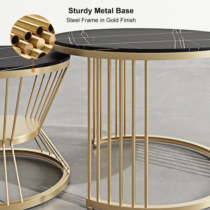 Modern Black & Gold Nesting Coffee Table Set with Sintered Stone Top 2-Piece Table