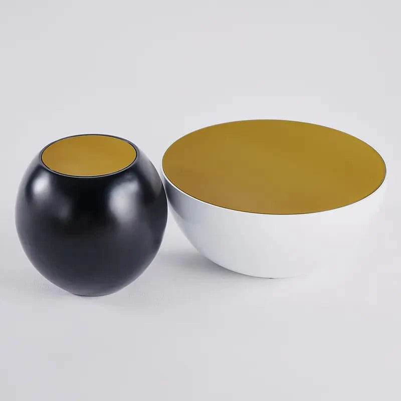 Modern Black & White Bowl-Shaped & Drum Shaped Coffee Table Set with Round Brown Top