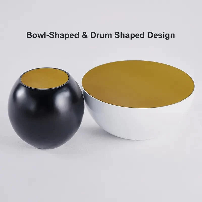 Modern Black & White Bowl-Shaped & Drum Shaped Coffee Table Set with Round Brown Top