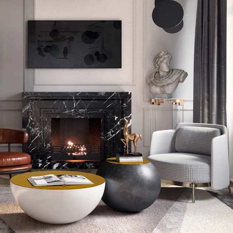 Modern Black & White Bowl-Shaped & Drum Shaped Coffee Table Set with Round Brown Top