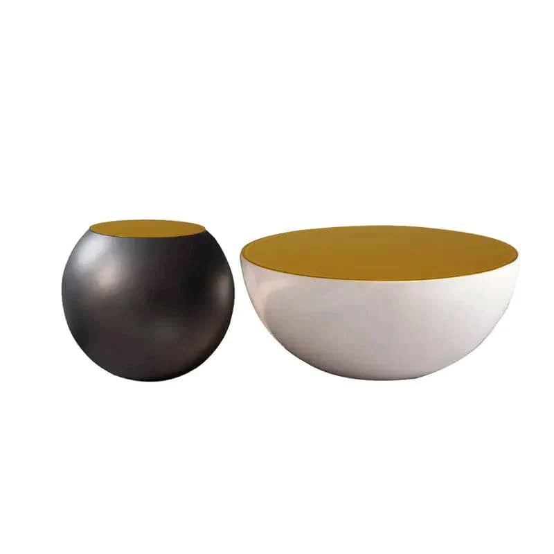 Modern Black & White Bowl-Shaped & Drum Shaped Coffee Table Set with Round Brown Top