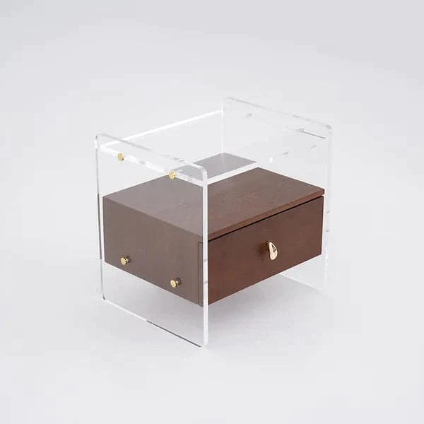 Modern Clear Acrylic Wood Nightstand with Storage & Shelf for Bedroom