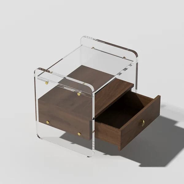 Modern Clear Acrylic Wood Nightstand with Storage & Shelf for Bedroom