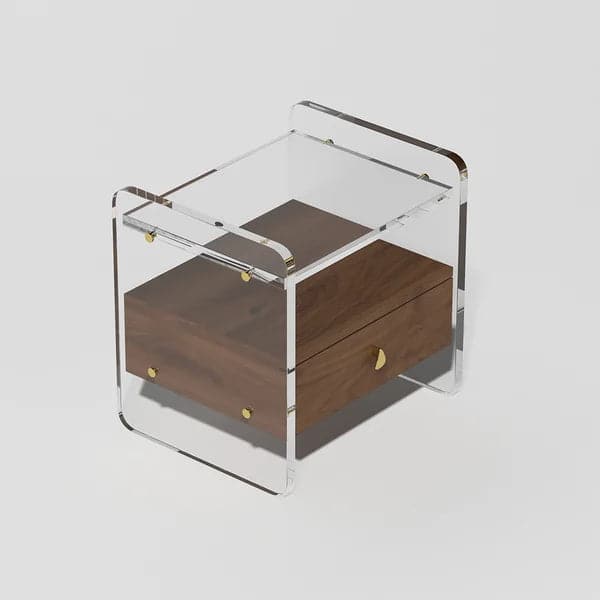 Modern Clear Acrylic Wood Nightstand with Storage & Shelf for Bedroom