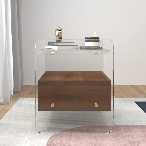 Modern Clear Acrylic Wood Nightstand with Storage & Shelf for Bedroom