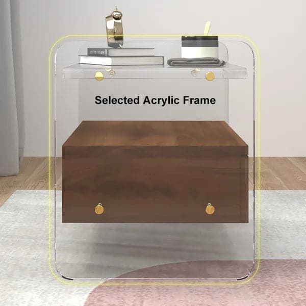 Modern Clear Acrylic Wood Nightstand with Storage & Shelf for Bedroom