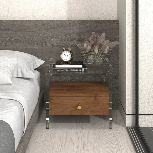 Modern Clear Acrylic Wood Nightstand with Storage & Shelf for Bedroom