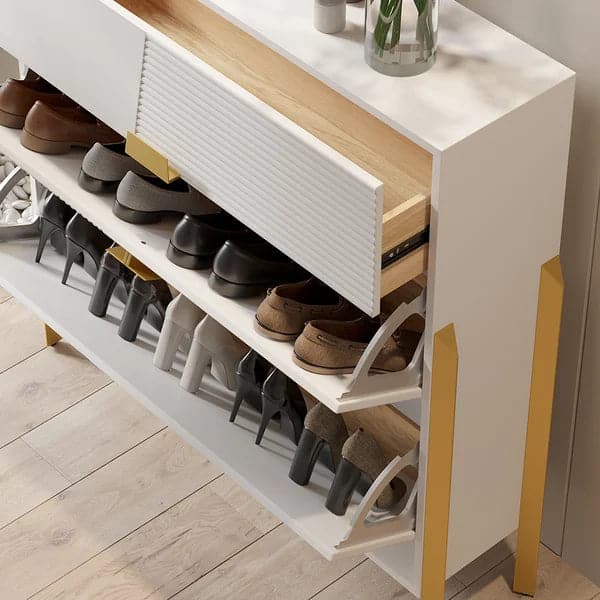 Modern Entryway White Shoe Storage Narrow Shoe Cabinet with 2 Flip Doors & 1 Drawer