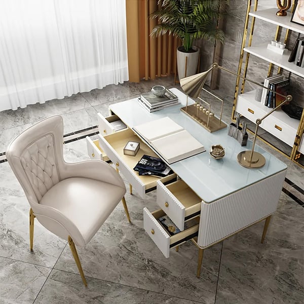 Modern Executive Desk with Drawers in White