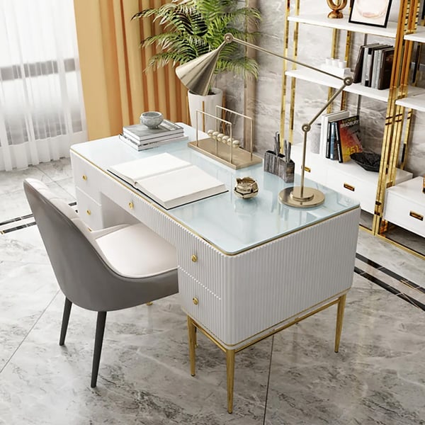 Modern Executive Desk with Drawers in White