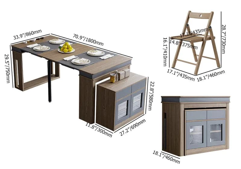 Modern Extendable Dining Table Set Rectangle Sideboard with Storage in Walnut & Gray