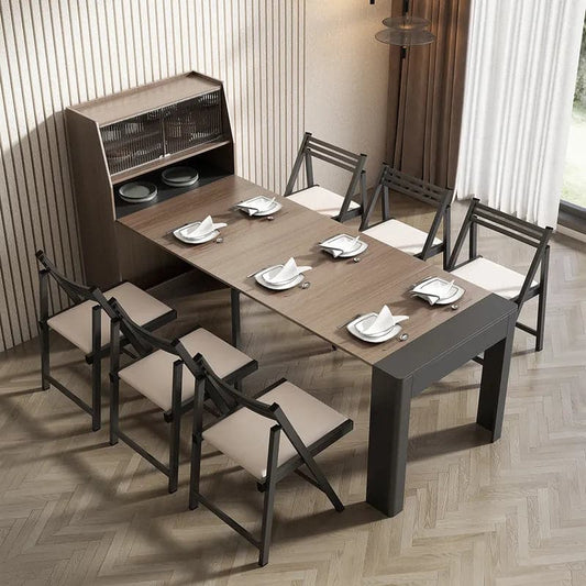 Modern Extendable Dining Table with Storage Rectangle Sideboard Glass Door Walnut & Gray