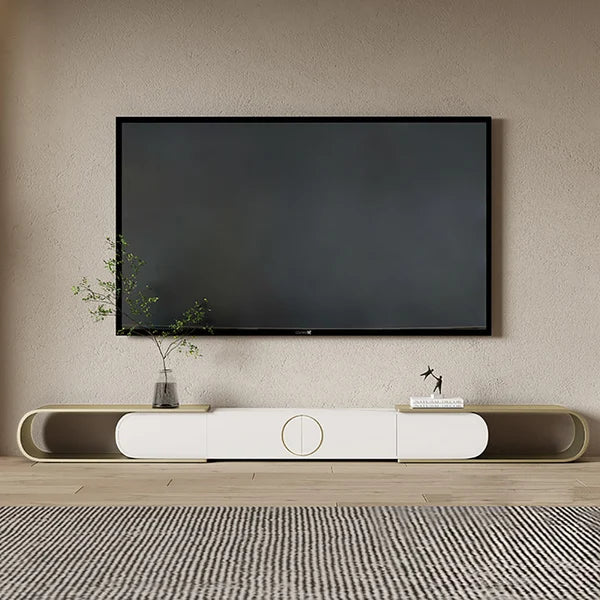 Modern Extendable Oval Metal TV Stand with 4 Drawers in Gold & White for TV up to 120"