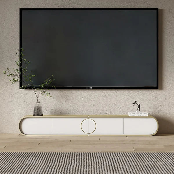 Modern Extendable Oval Metal TV Stand with 4 Drawers in Gold & White for TV up to 120"