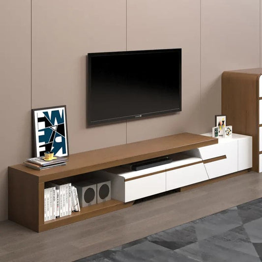 Modern Extendable TV Stand White & Walnut with Storage & Bookshelf & Drawer