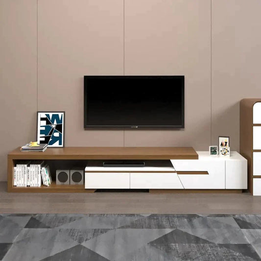 Modern Extendable TV Stand White & Walnut with Storage & Bookshelf & Drawer