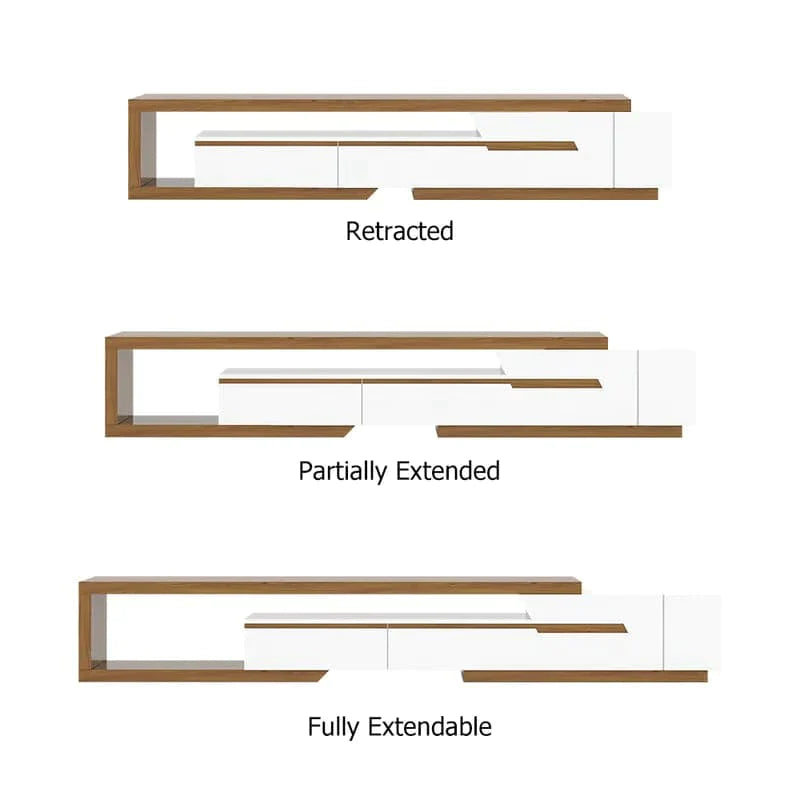 Modern Extendable TV Stand White & Walnut with Storage & Bookshelf & Drawer