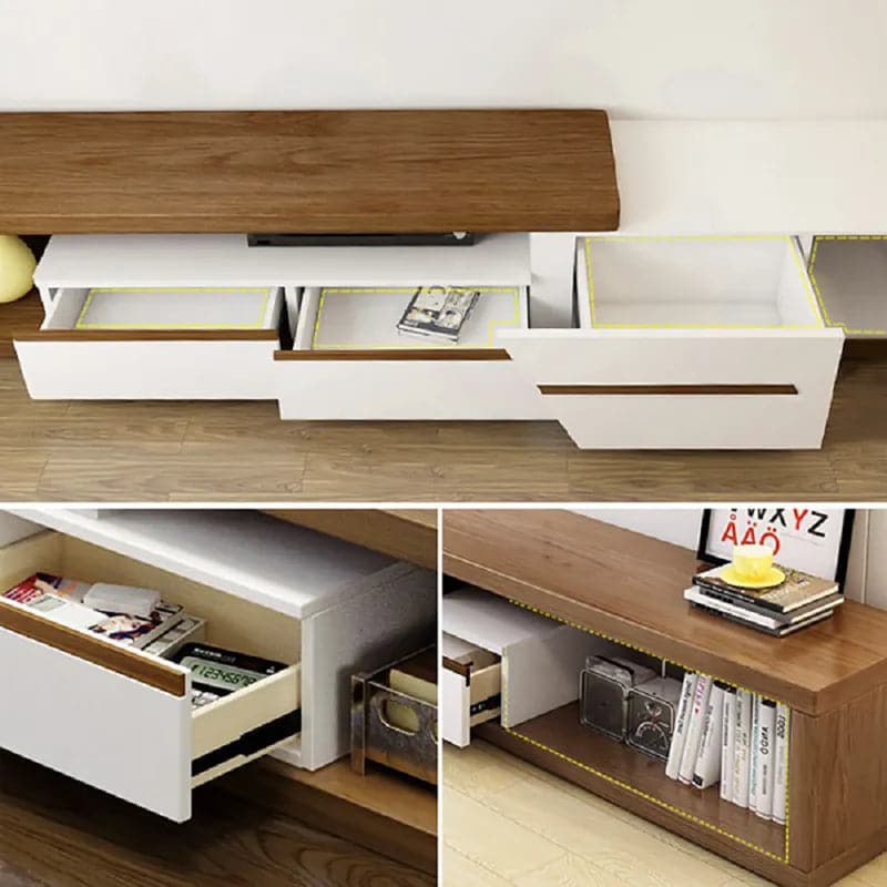 Modern Extendable TV Stand White & Walnut with Storage & Bookshelf & Drawer