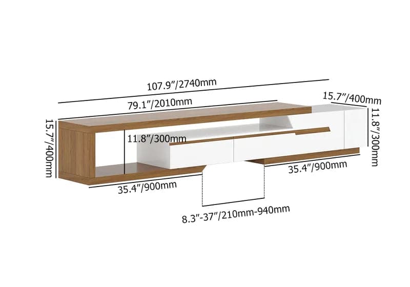 Modern Extendable TV Stand White & Walnut with Storage & Bookshelf & Drawer