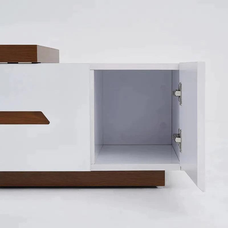 Modern Extendable TV Stand White & Walnut with Storage & Bookshelf & Drawer