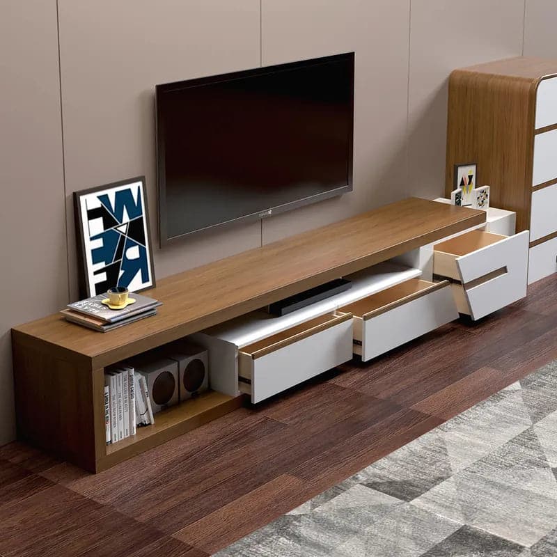 Modern Extendable TV Stand White & Walnut with Storage & Bookshelf & Drawer