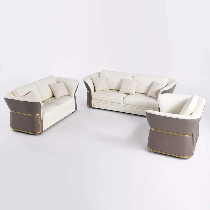 Modern Faux Leather Living Room Sofa Set in Brown & White Set of 3