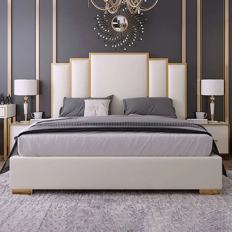 Modern Faux Leather Queen Upholstered Bed in White Geometric Headboard Included