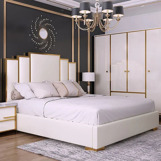 Modern Faux Leather Queen Upholstered Bed in White Geometric Headboard Included