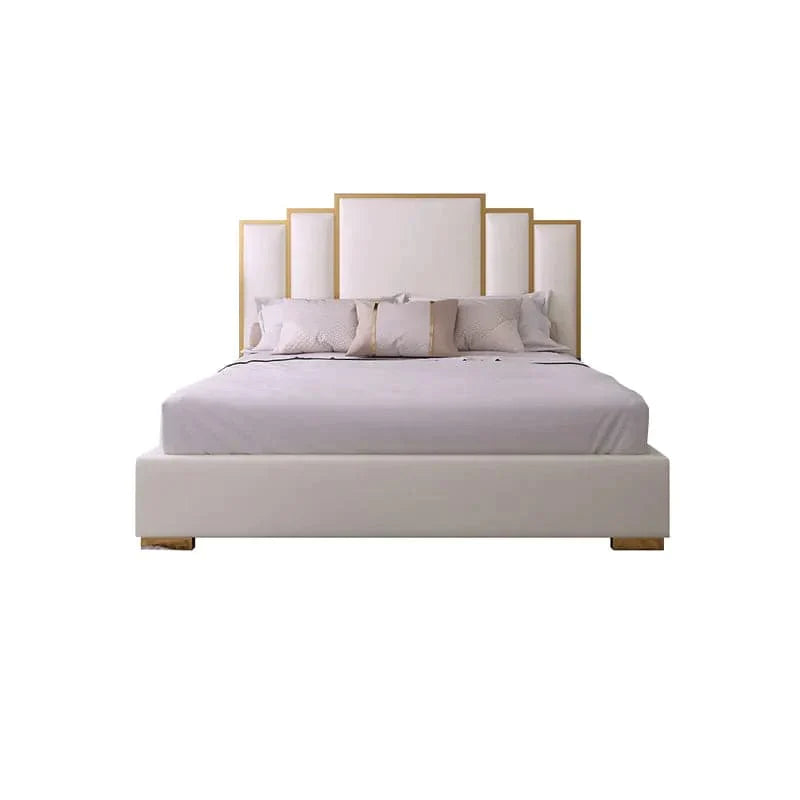 Modern Faux Leather Queen Upholstered Bed in White Geometric Headboard Included