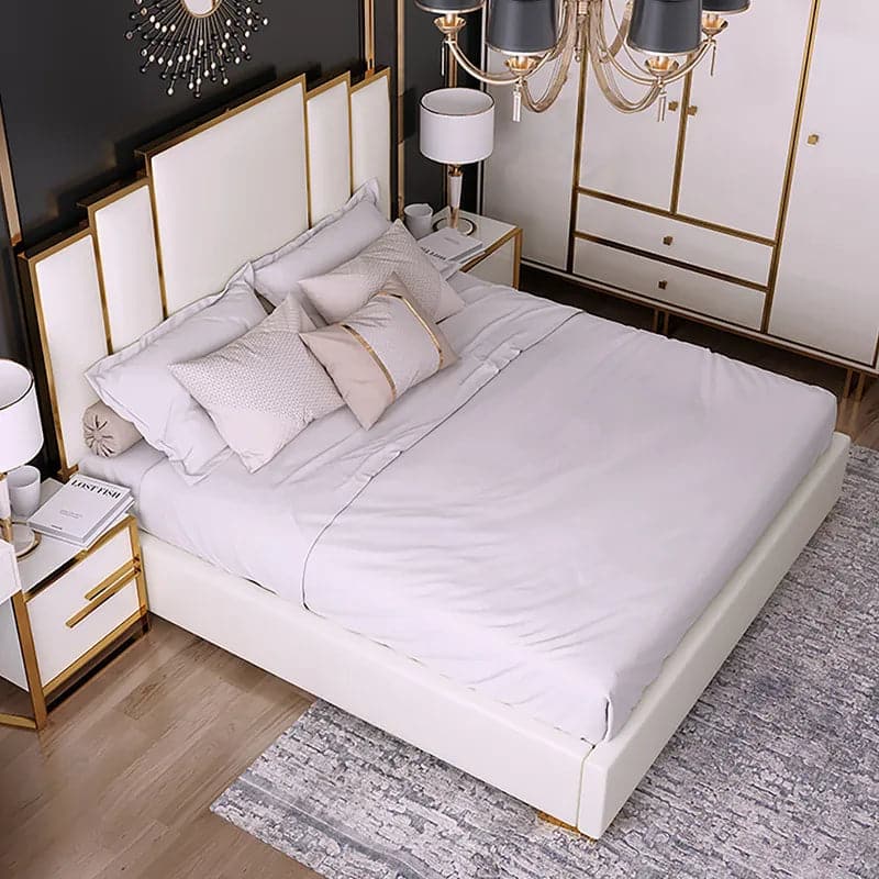 Modern Faux Leather Queen Upholstered Bed in White Geometric Headboard Included