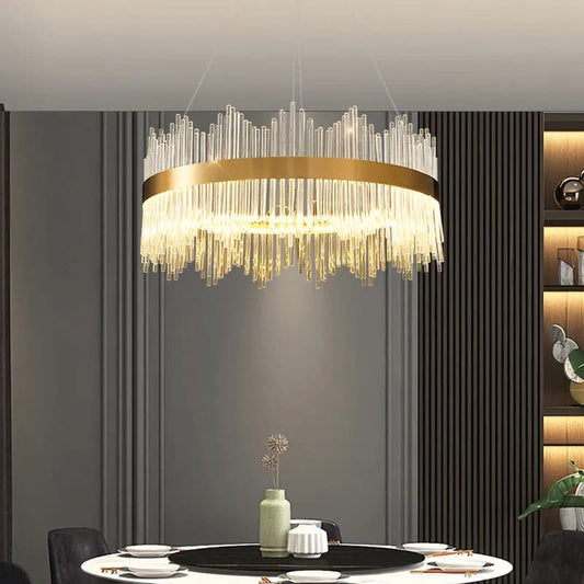 Modern Glass Chandelier with Round Frame in Brass with Adjustable Cables