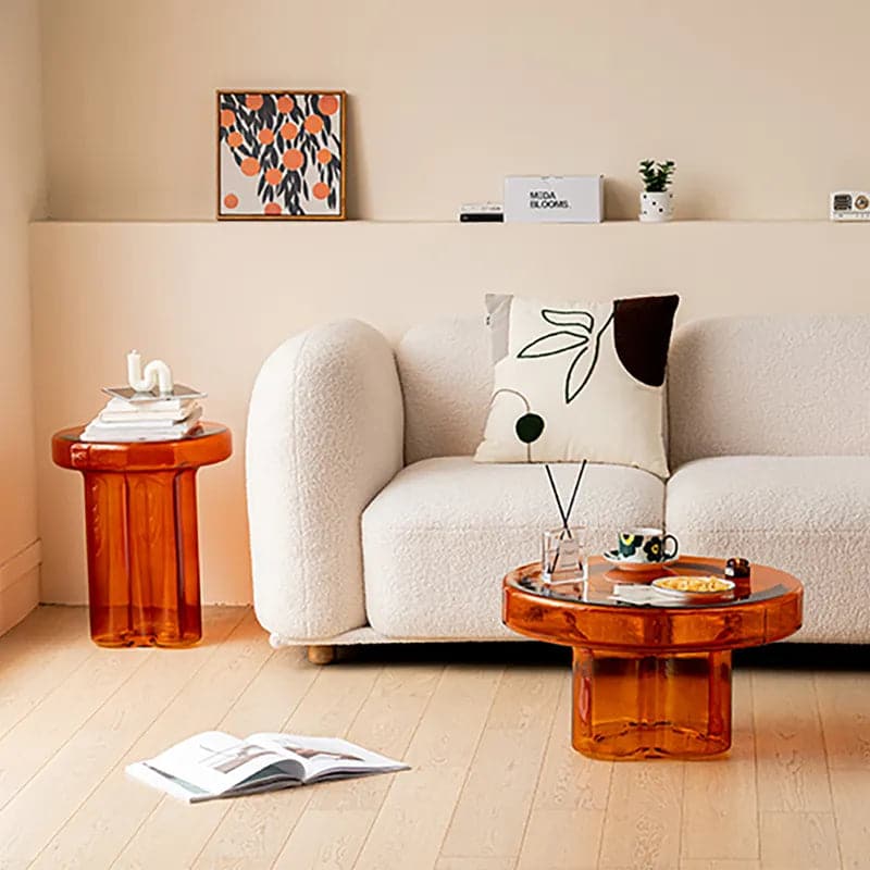 Modern Glass Coffee Table Set 2-Piece Cloud-Shaped in Orange