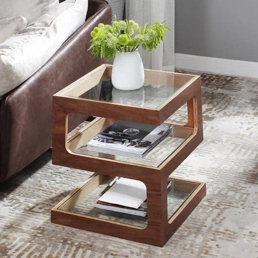 Modern Glass Side Table with 3 Tiers S-shaped End Table in Walnut