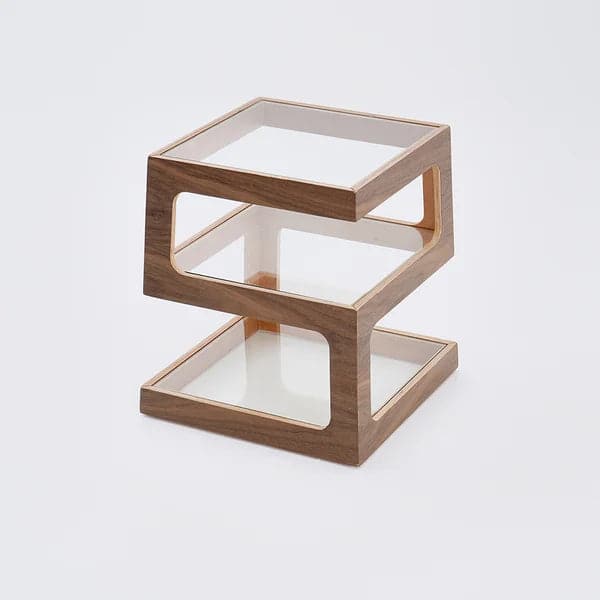 Modern Glass Side Table with 3 Tiers S-shaped End Table in Walnut