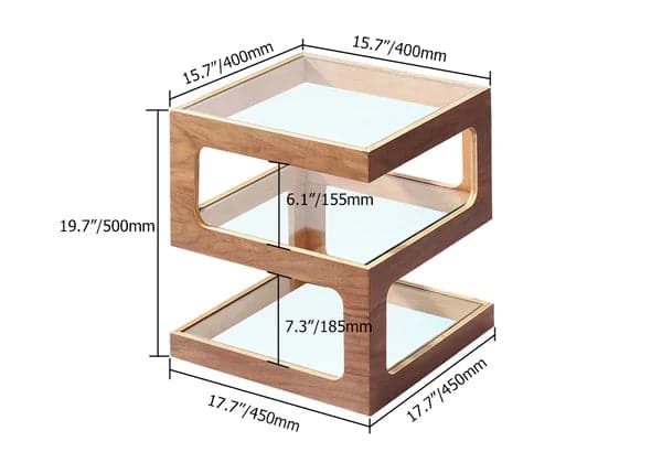 Modern Glass Side Table with 3 Tiers S-shaped End Table in Walnut