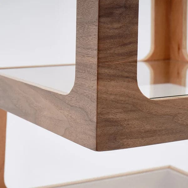 Modern Glass Side Table with 3 Tiers S-shaped End Table in Walnut