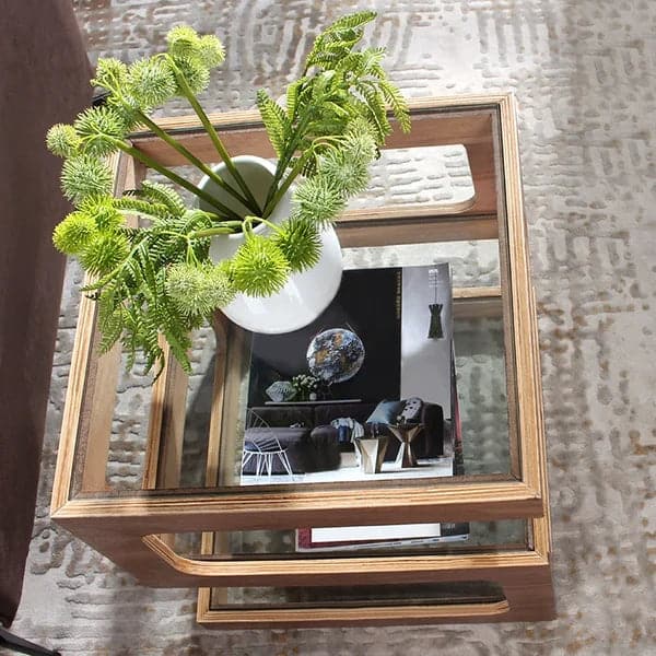 Modern Glass Side Table with 3 Tiers S-shaped End Table in Walnut