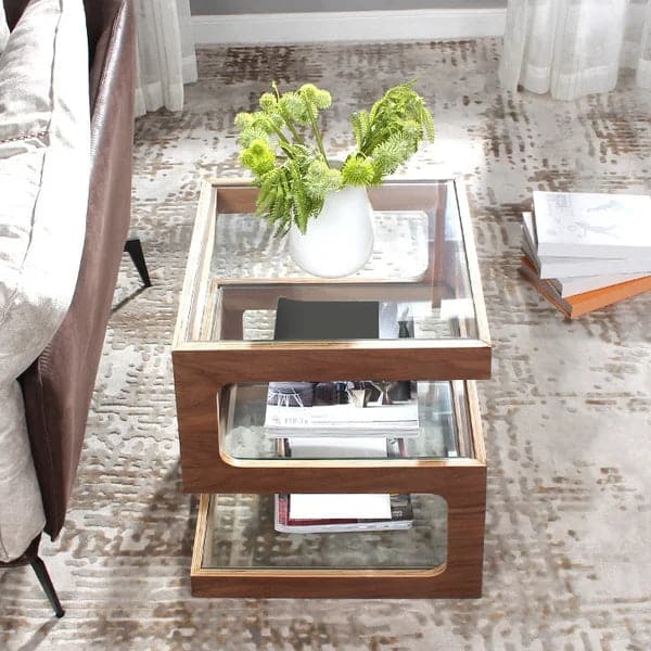 Modern Glass Side Table with 3 Tiers S-shaped End Table in Walnut